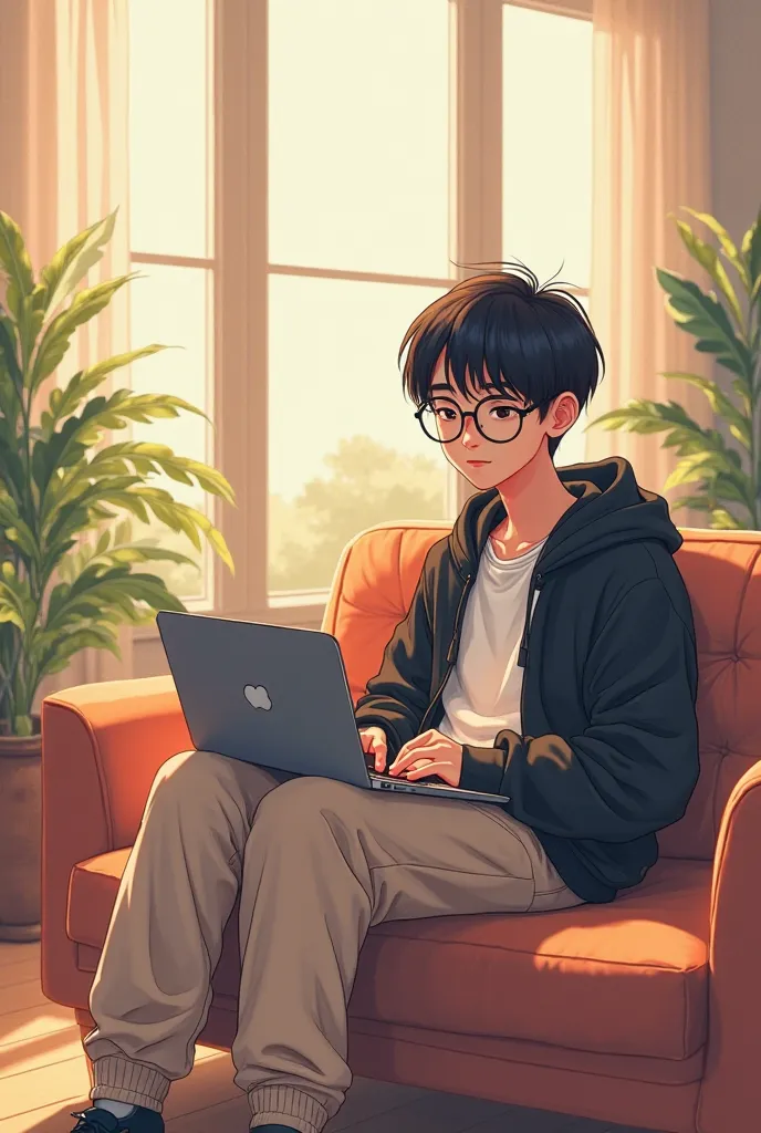 A stylized digital illustration of a young Asian man with straight black hair, wearing round glasses and a black hoodie over a white t-shirt, paired with beige joggers. He is sitting on a cozy modern couch with a laptop on his lap, relaxed expression, warm...