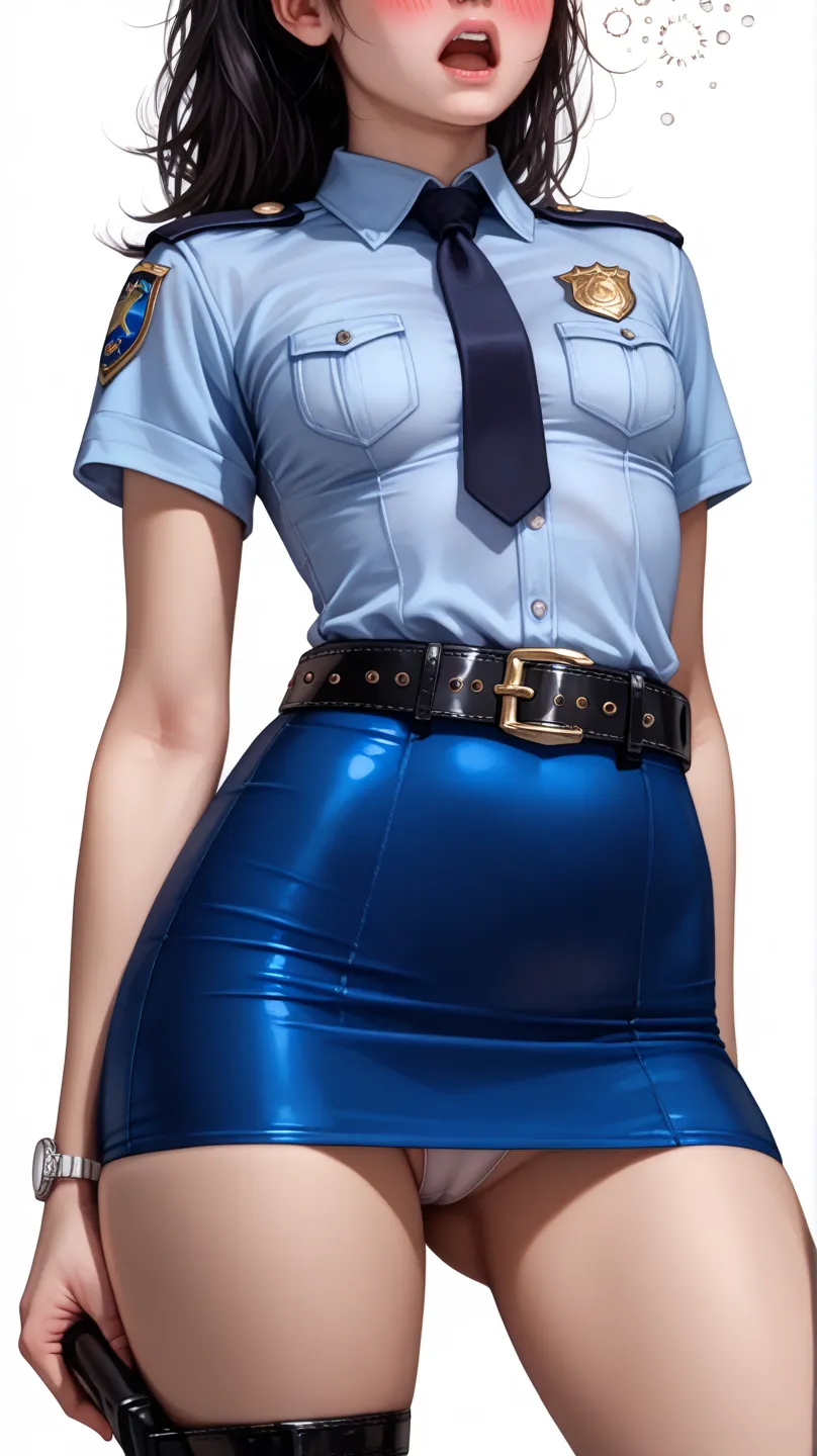 Beautiful Japanese Women from a Purple Perspective,( 1girl :1.5),(slender body:1.3),( empty white background:1.8),( small tits:1.0),(white collared tight short sleeve cowgirl shirt police shirt:1.2),(blue super mini police skirt:1.2),(black leather equippe...