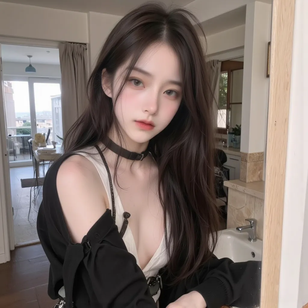 arafed woman taking a selfie in a bathroom mirror, with long hair, with long hair e olhos penetrantes,  hot little , Lalisa Manobal, 18 years old, 19-year-old girl, cruel korean goth girl, 2 Female model of s, Little hot, her navel is exposed, ulzzang