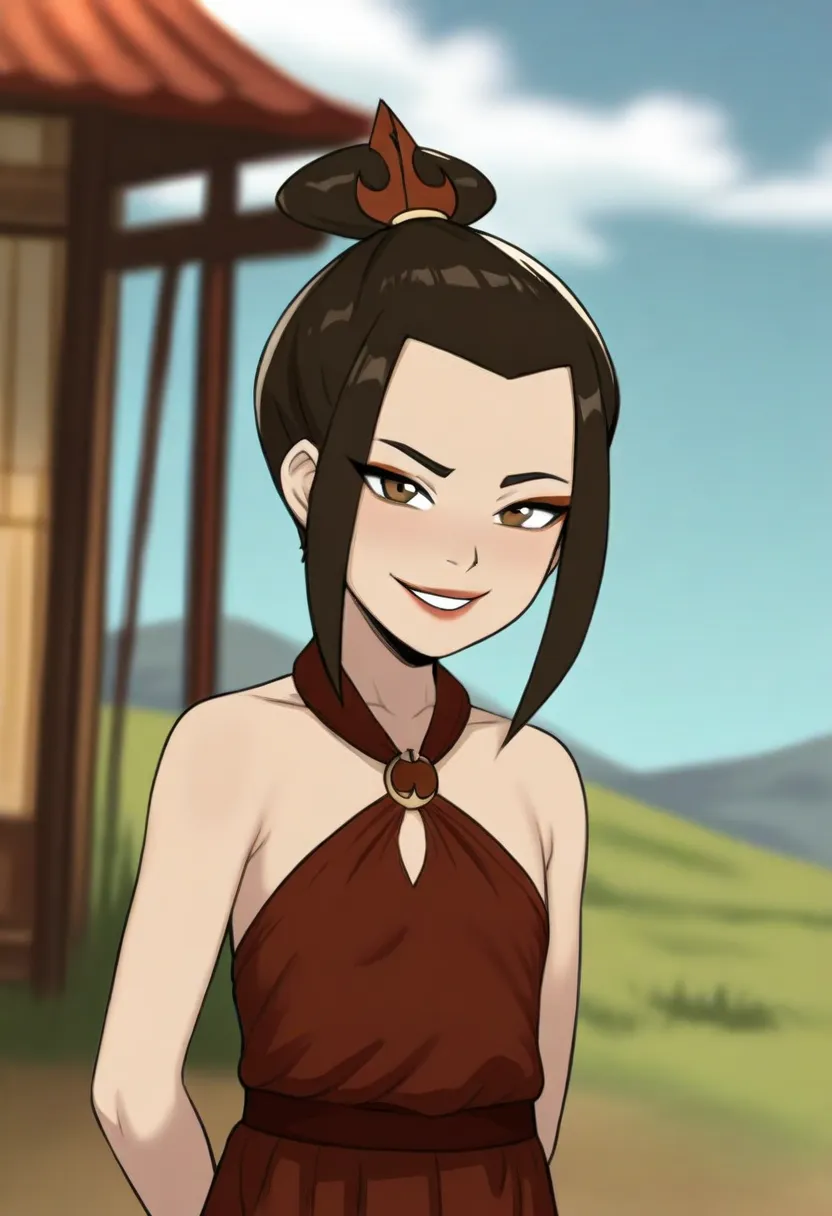 best quality, amazing quality, very aesthetic, absurdres,
1girl, azula, brown hair, brown eyes, makeup, , loli, wearing a slutty red dress,
smile, looking at viewer, solo, outdoors