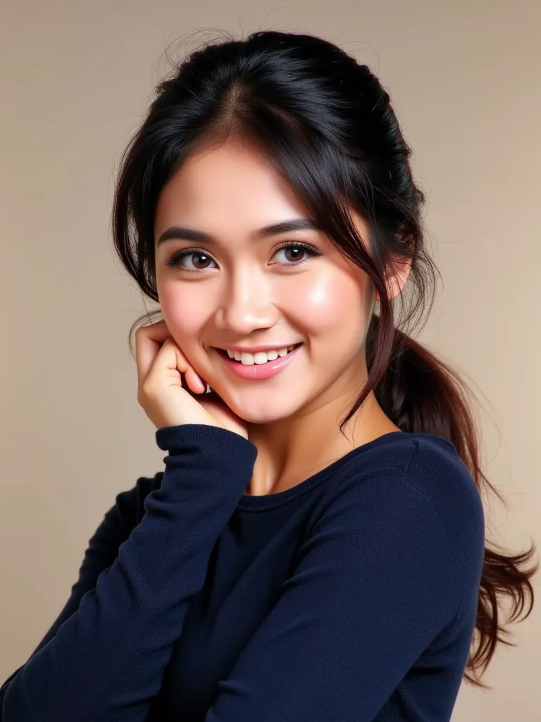 Oviola, Indonesian woman, Her hair is in a low ponytail, wearing a dark blue cashmere sweater,  Upper body portrait, natural skin,  Light patches , A cute expression 