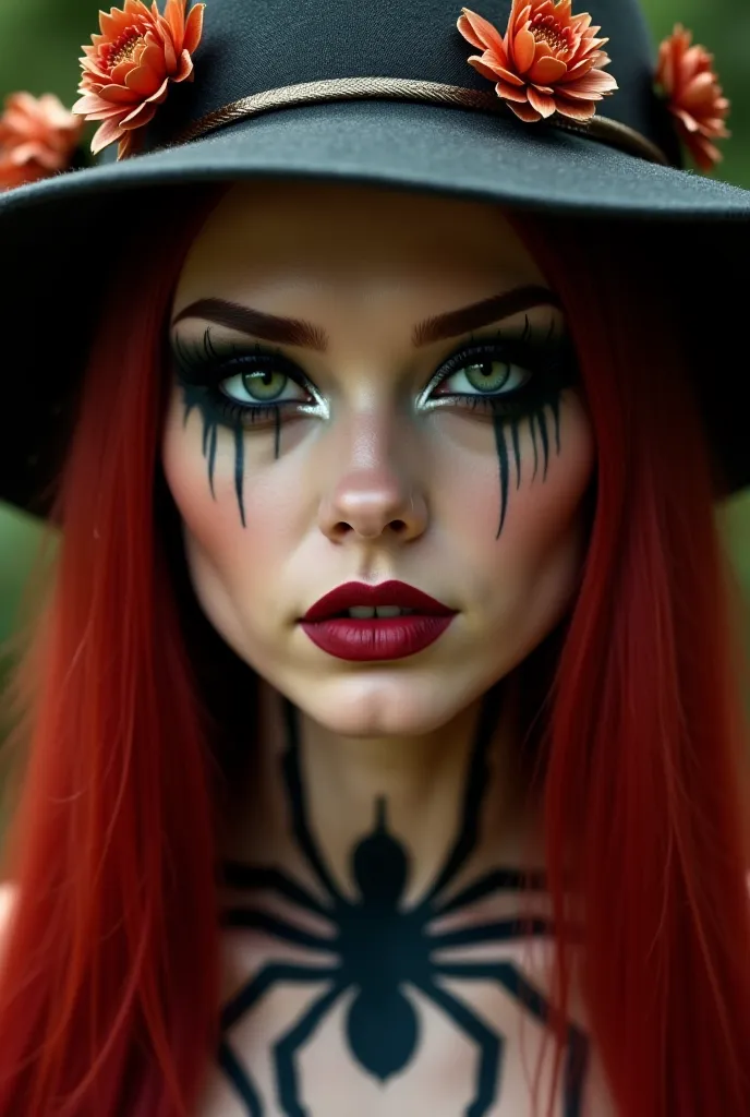 A beautiful female face long red hair. a dark gray hat on her head, On which there are flowers of a metallic tint. The woman's eyes have a green piercing gaze . has long painted eyelashes . The makeup of the face and eyes is dark powerful the painting is c...