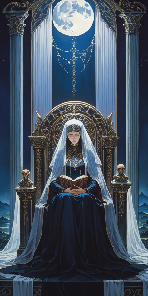 A mysterious woman sits on a throne between two pillars, one black and one white. She wears a flowing veil and holds a partially opened book in her lap. Behind her, a curtain conceals a moonlit landscape. Her gaze is wise and enigmatic.