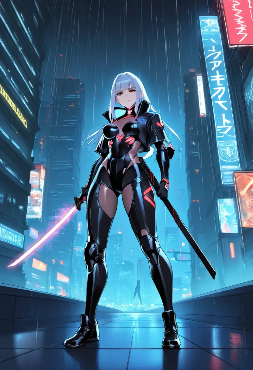 an anime-style cyberpunk samurai standing on a neon-lit rooftop, wielding a high-tech katana with glowing energy lines, wearing a sleek armored bodysuit with intricate cybernetic enhancements, dark cityscape with flying cars and holographic billboards in t...