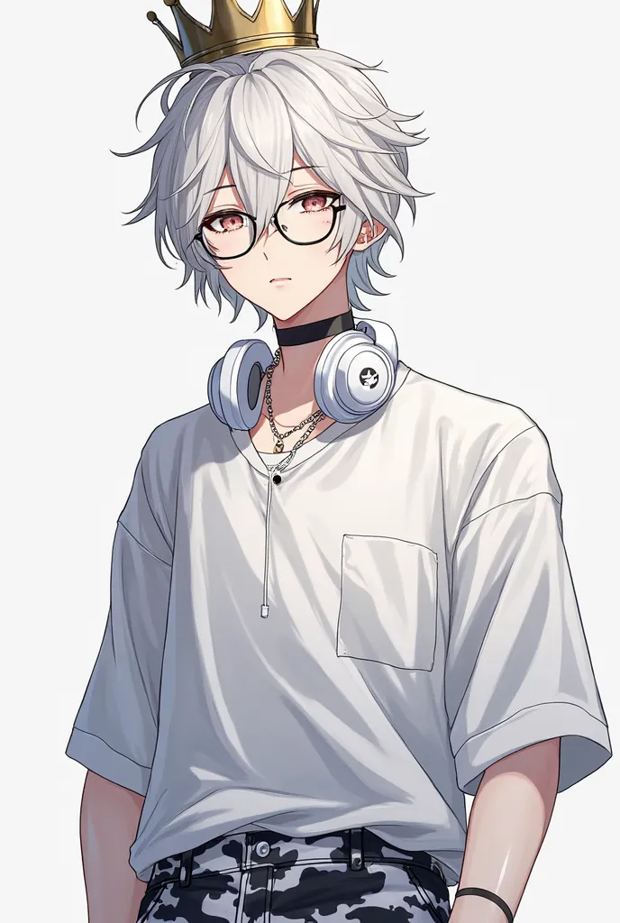 A beautiful male anime With no face and white circle glasses and white hair with a galazy crown on top of his hair laying on his hair and a white full shirt with Camouflage white x black jeans with white headphones.