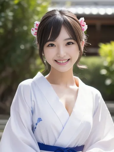 Japanese female, (underweight), (medium bust best quality:1.5), 30 years old, (cheerful grin:1.3),((white yukata)), full body shot:1.6, ((masterpiece)), ((best quality)), (ultra-detailed), ((beautiful eyes)), Japanese female, (slender:1.3), ((30 years old)...