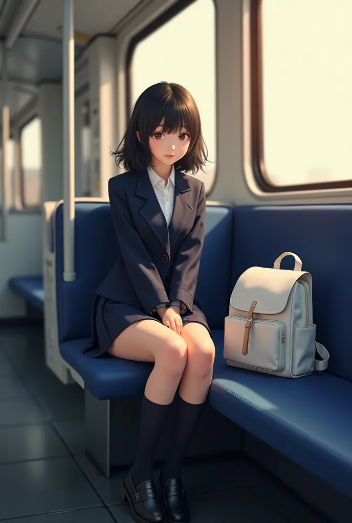 "A asia girl sitting on a train seat during daytime. She has black semi-long hair with naturally aligned bangs. She wears a cute navy blazer and a navy mini skirt. She also wears black knee-high socks and loafers. She sits with her knees slightly apart. Su...