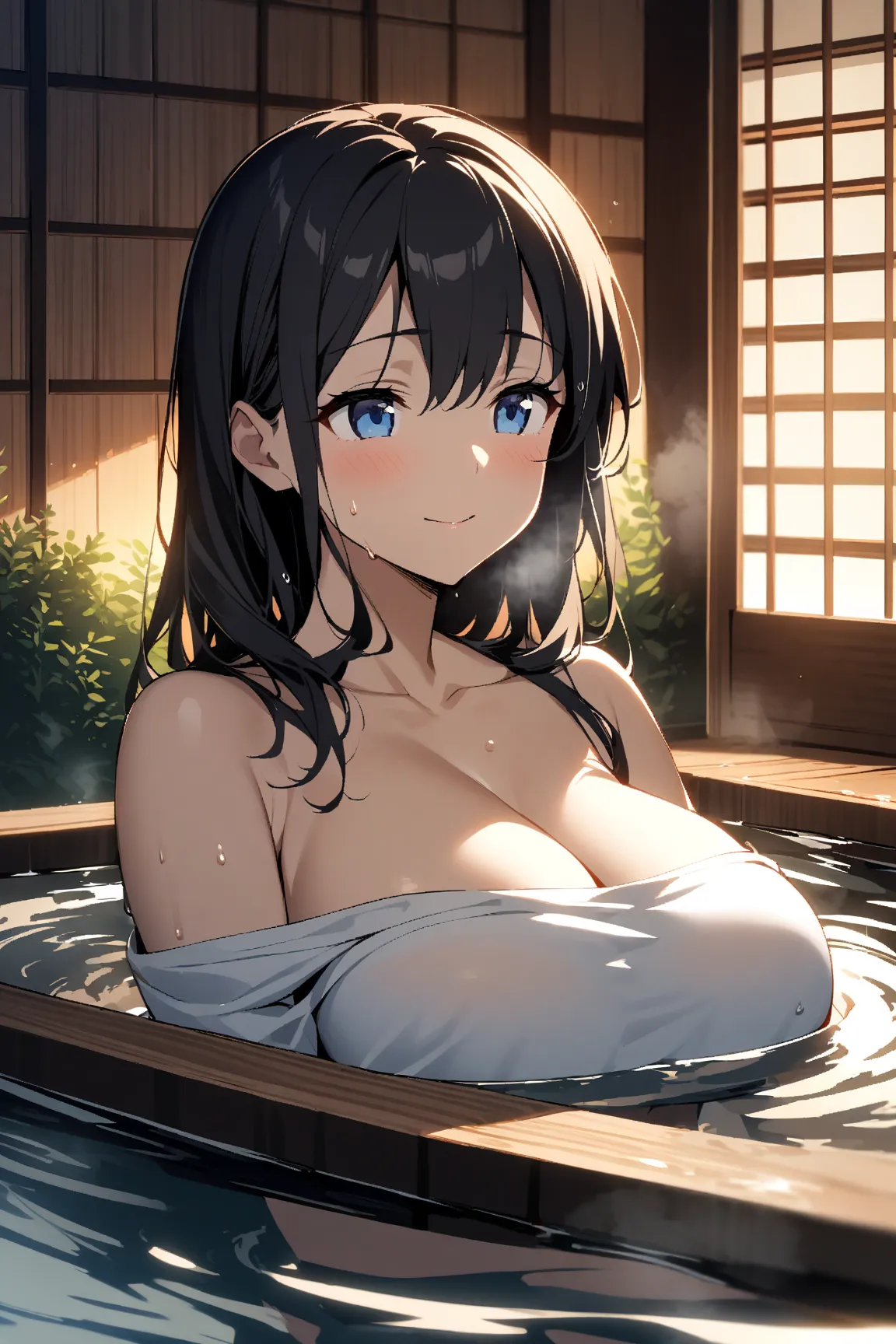 1 girl、black hair semi-long、cute face、 Blue Eyes 、droopy eyes、enveloping tenderness、quiet and calm atmosphere、Fantastic Atmosphere、big breasts、 girls、relaxing in a traditional Japanese cypress bath。She is soaking her shoulders in warm water。gently close he...