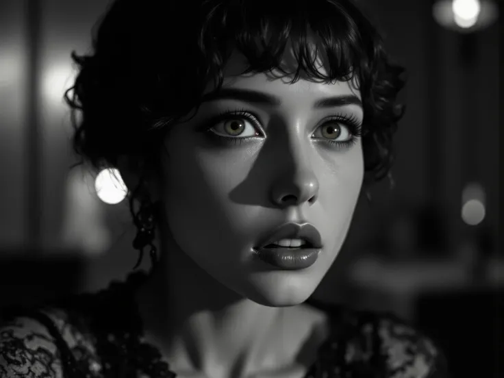 8k, Masterpiece, Top Quality, Close-up, slightly low-angle, A cinematic 1930s style black and white photo of 1930s housewife in here 20s, gorgeous face, petite, slim and skinny body, black revealing lace dress, cinematic hollywood lighting, black and white...