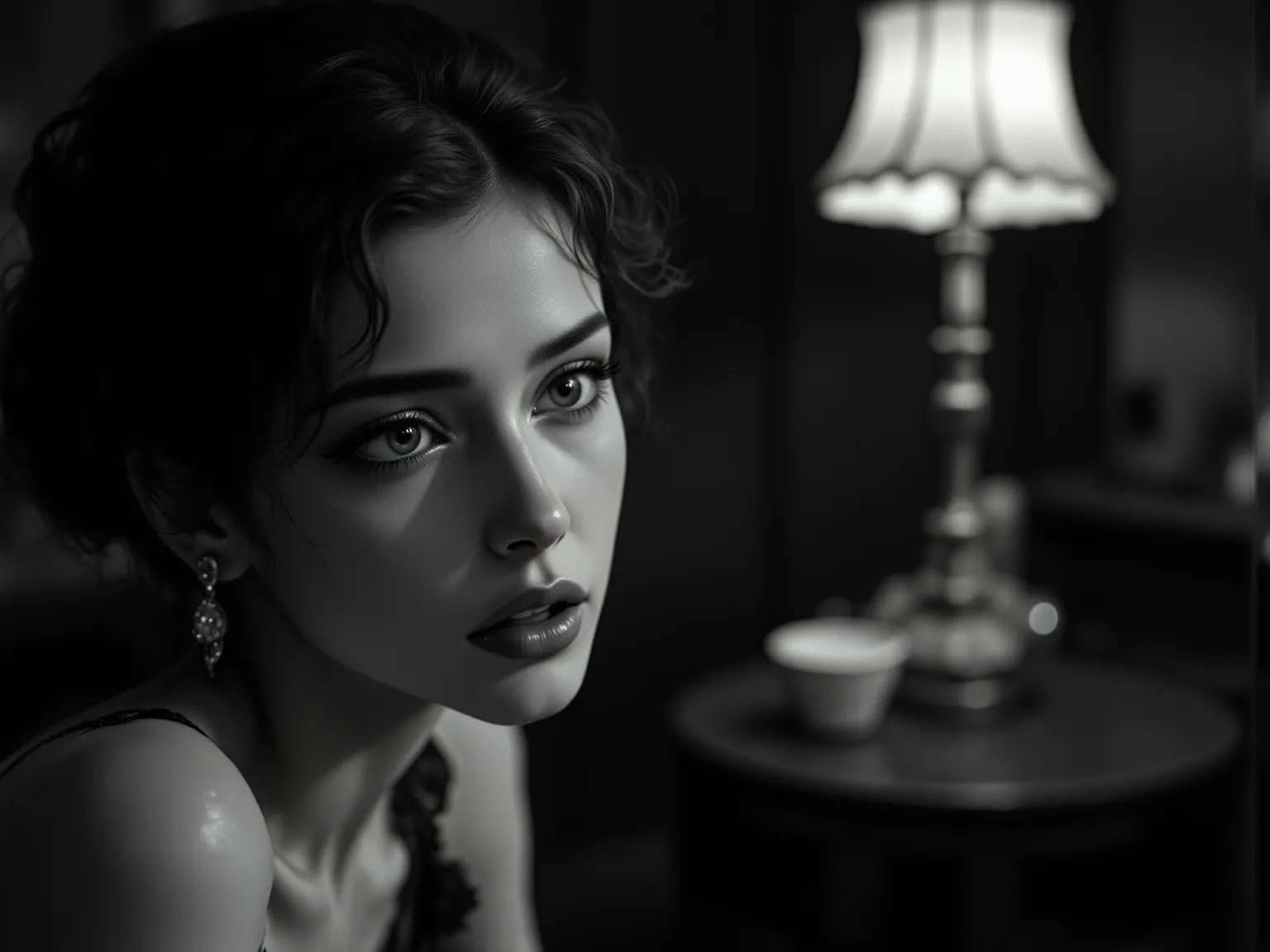 8k, Masterpiece, Top Quality, Close-up, slightly low-angle, A cinematic 1930s style black and white photo of 1930s housewife in here 20s, gorgeous face, petite, slim and skinny body, black revealing lace dress, cinematic hollywood lighting, black and white...