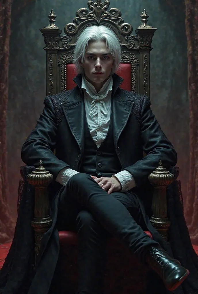 An image of a white-haired Young Dracula sitting on a throne 