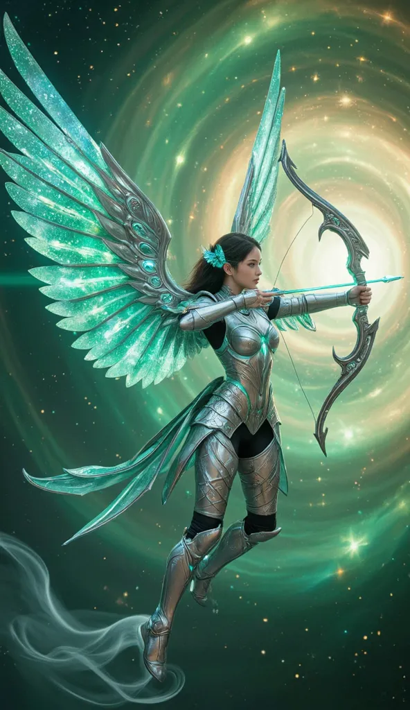 "A stunning fantasy archer angel, radiating divine power and futuristic elegance. Her armor is a masterwork of celestial design—polished silver plates engraved with glowing teal energy circuits and celestial runes, accented with iridescent mother-of-pearl ...