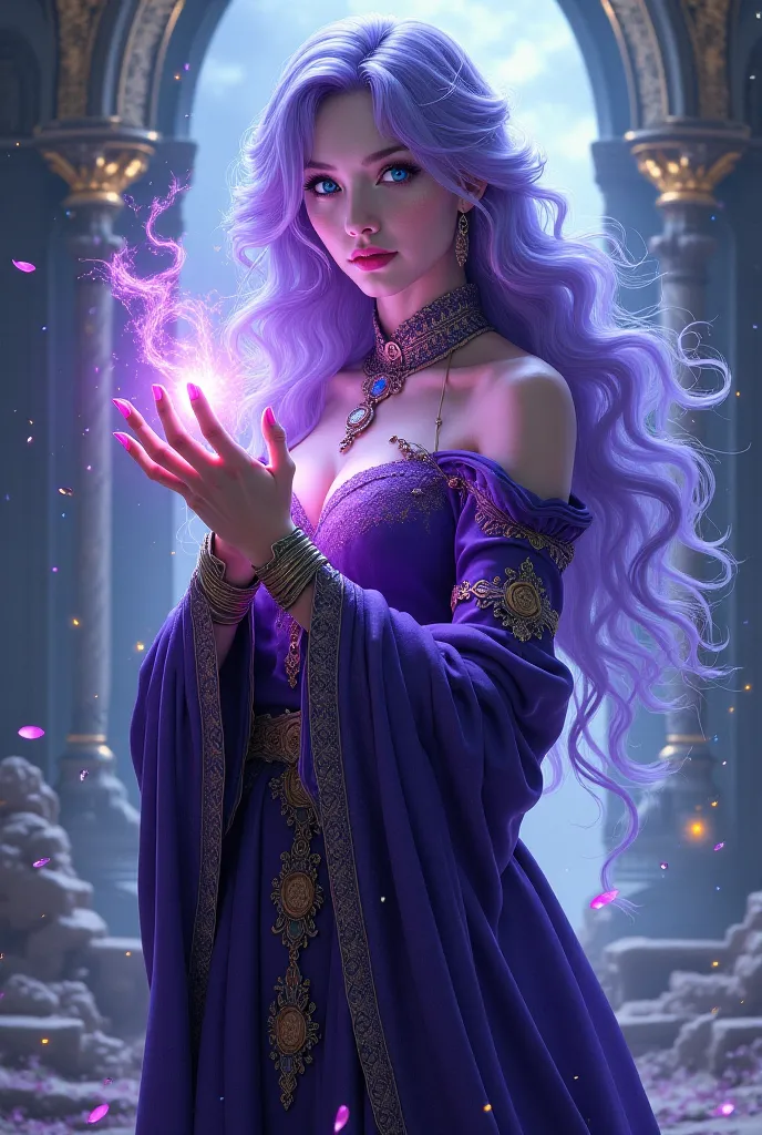 A sorceress with purple powers and blue eyes 