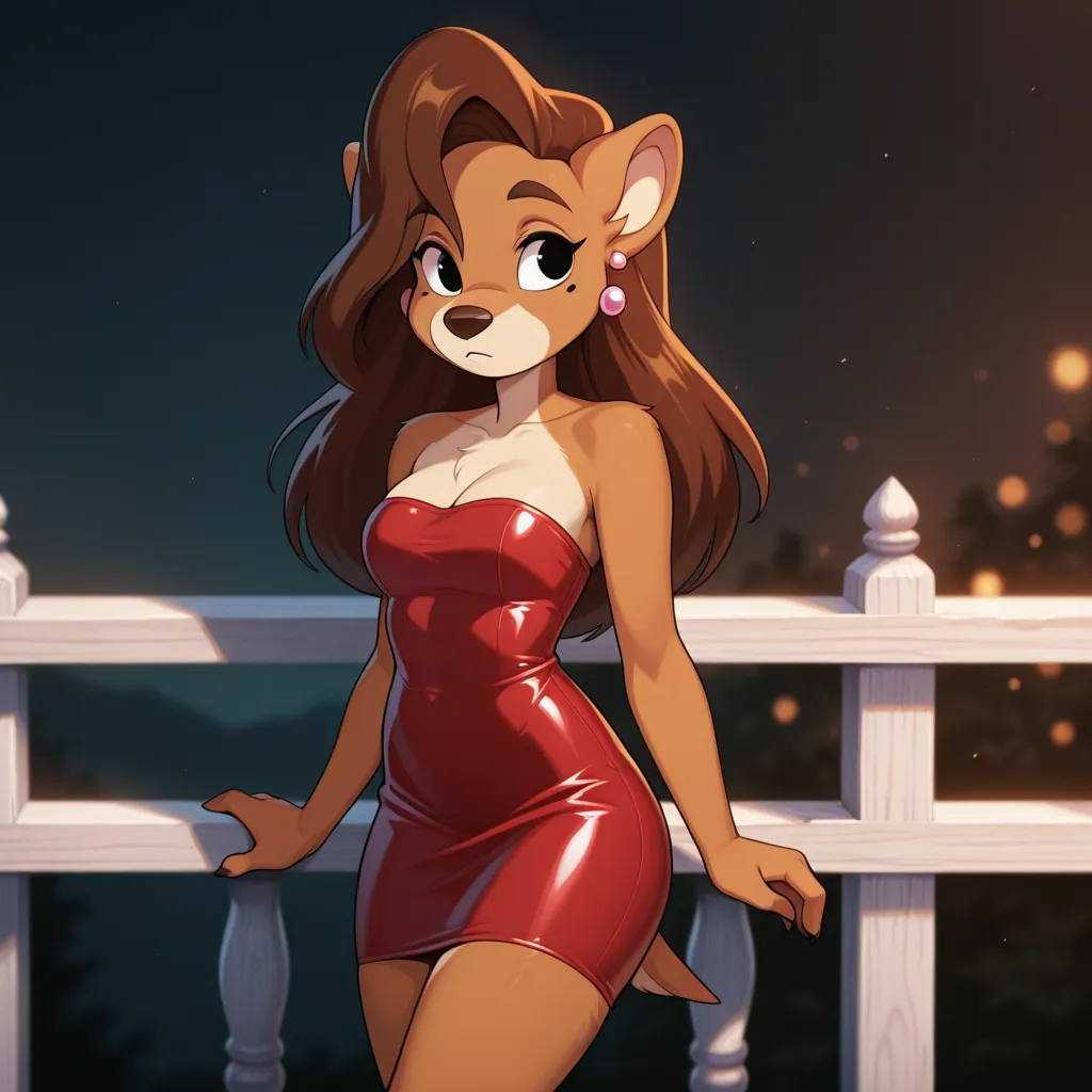 roxanne, furry female, 1girl, brown hair, long hair, solo, earrings, black eyes, strapless short tight dress