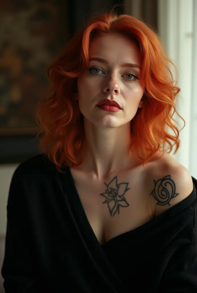 A close-up shot of Juliette’s fiery red hair, perfectly styled in voluminous waves, with a hint of her tattoo visible along her ribcage. She wears a soft, black cashmere sweater, the collar slightly rolled down to create a relaxed yet stylish vibe. The cam...