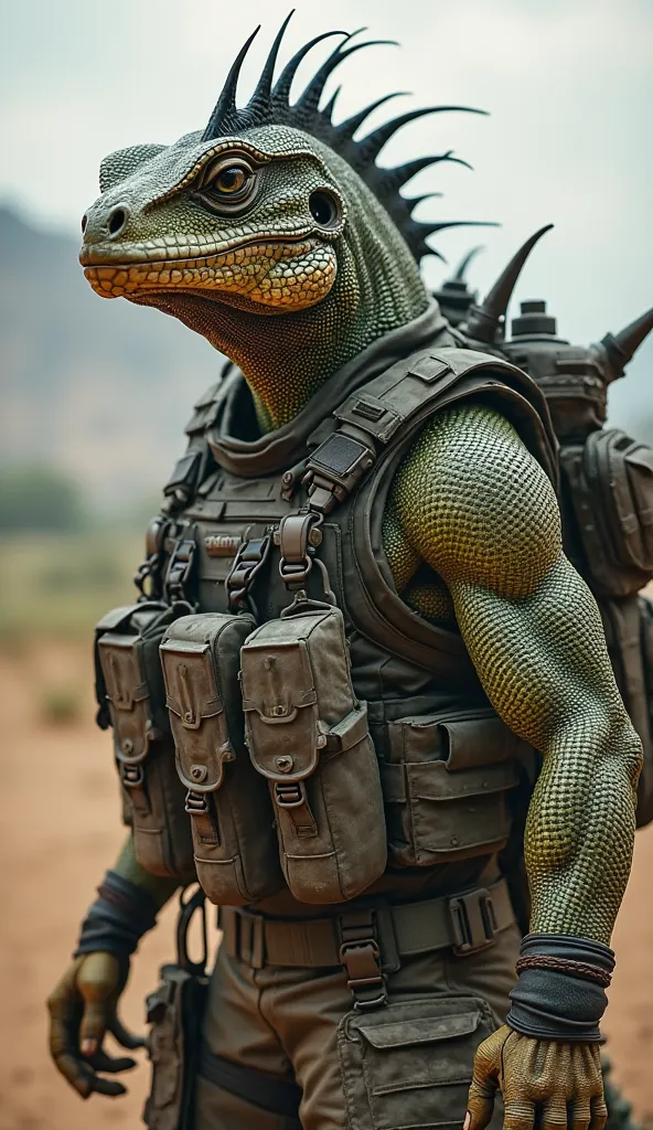 An ultra-detailed and hyper-realistic full-body depiction of a humanoid iguana warrior in a military combat zone. This imposing reptilian soldier has textured, scaly skin with intricate natural patterns, sharp black spines running along his head and back a...