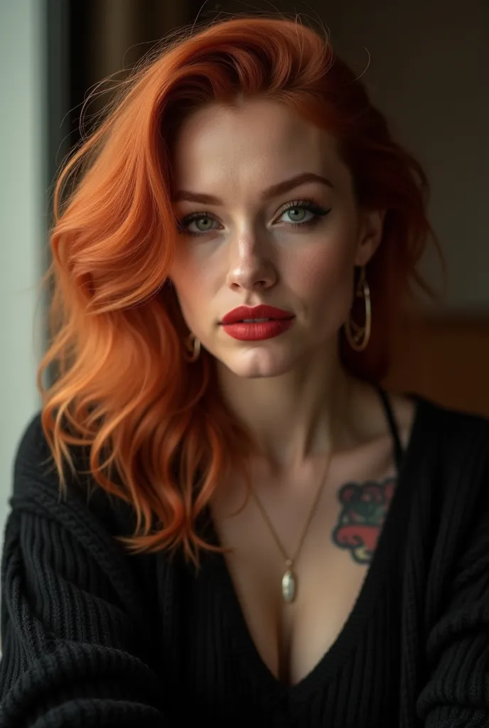 A close-up shot of Juliette’s fiery red hair, perfectly styled in voluminous waves, with a hint of her tattoo visible along her ribcage. She wears a soft, black cashmere sweater, the collar slightly rolled down to create a relaxed yet stylish vibe. The cam...