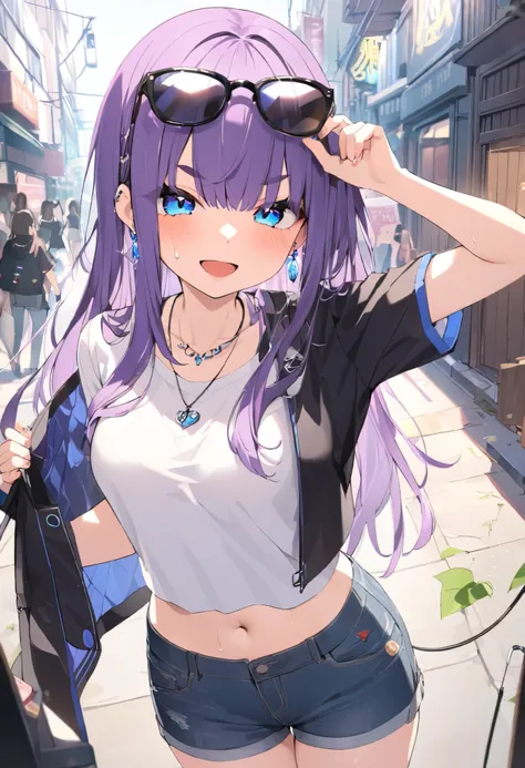 ((masterpiece)), ((Top Quality)), (very well detailed) (best quality)、最高masterpiece、beautiful、Alone、One Girl、are cool、Rin々New eyes、smile、Laugh Strong、Sweating、About high school age、beautifulな顔立ち、 purple hair 、long hair caught in a hole、Blue Eyes、青くbeautifu...