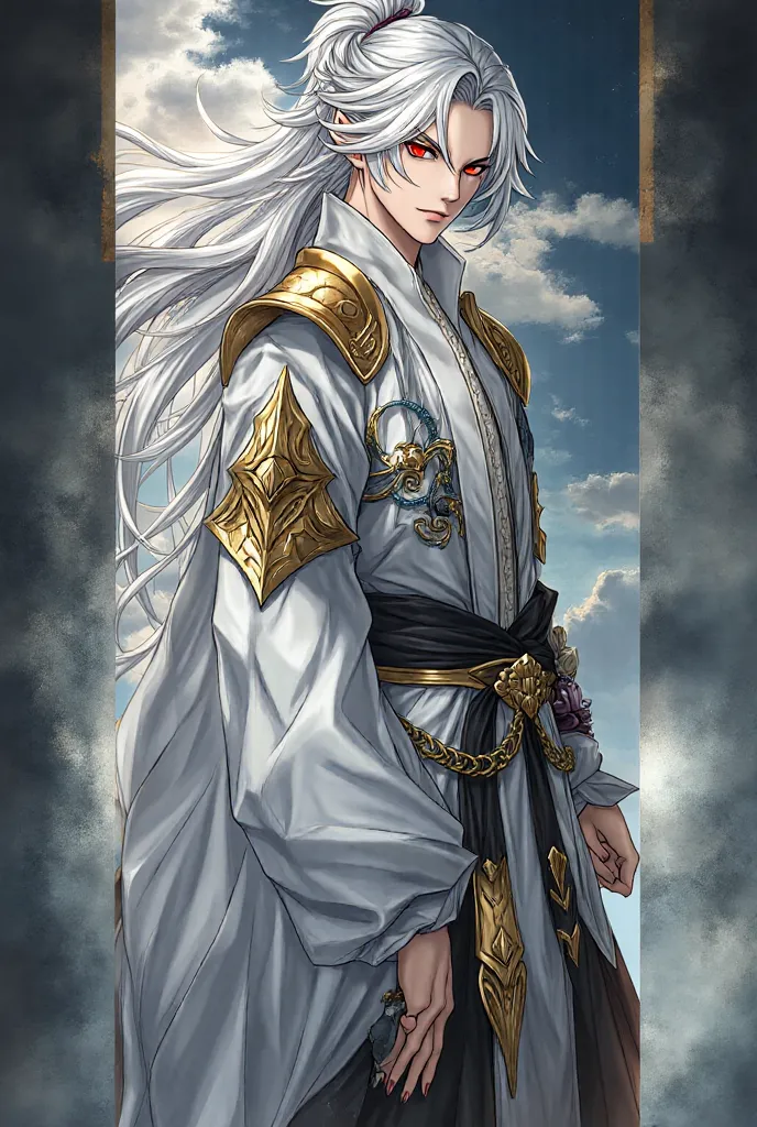 full body image, handsome protagonist xianxia, long silver hair,red  menacing eyes,accessories like claw of demon on hair, handsome face (mature on range 20-25 yo), golden arm, detailed character portrait, fantasy style, dramatic chiaroscuro lighting, epic...