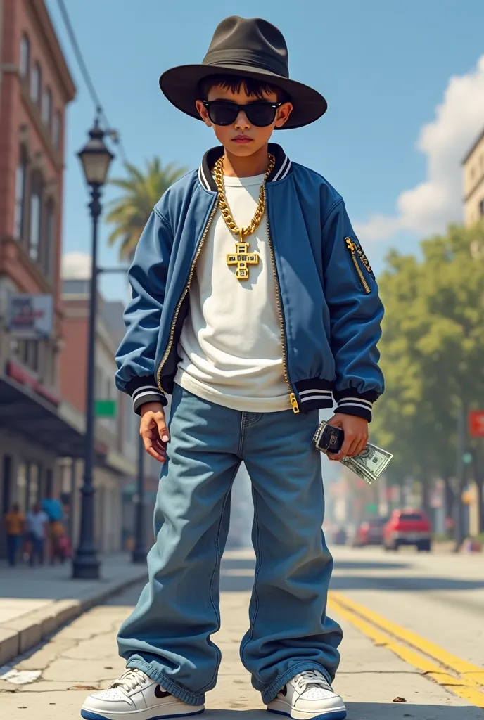 white skin boy, with a young face, clean face,   in a black fedora hat, cover with black sun protective glasses, with a gold Cuban chain around the neck with a shaped pendant "plus", wearing a white t-shirt, , the blue bomber jacket , in blue wide-leg jean...