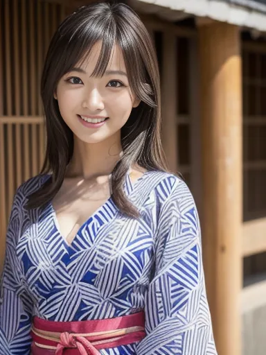 Japanese female, ((Geometric patterned yukata)), full body shot:1.6, ((masterpiece)), ((best quality)), (ultra-detailed), ((beautiful eyes)), Japanese female, (slender:1.3), ((30 years old)), beautiful, (flat chest:1.2), (cheerful grin:1.3),