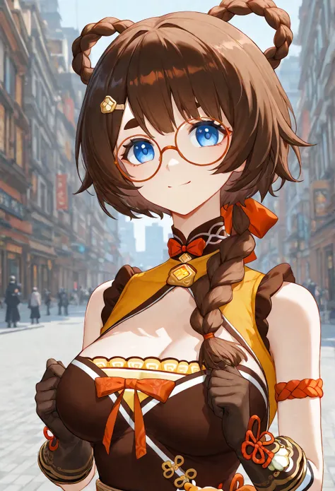 Anime cute young Woman with brown hair in a short braided ponytail over shoulder, with blue eyes, with glasses, in genshin impact xiangling’s clothes, with brown full gloves, with very large chest, top body portrait, in a city background