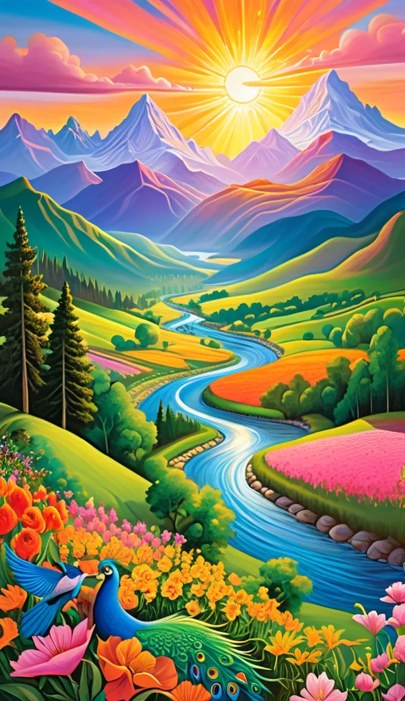 A scene from the creation of the world, with vibrant and lush colors. Divine light radiates from the sky, illuminating majestic mountains, meandering rivers and verdant forests. Birds with colorful plumage fly in harmony, as wild animals graze in flowery f...