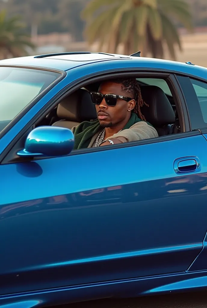 Create an image of a blue acura rsx with a black male wearing sunglasses and hair style cornrows sits in the drivers seat with the drivers door open and his foot on the gas pedal