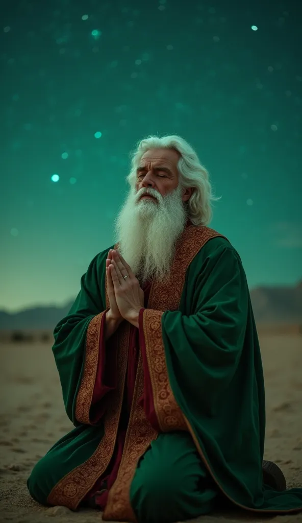 " Close-up of a priest from biblical times ,  White hair and white beard , with forest green tunic and terracotta red details, in rich ceremonial robes ,  praying on his knees in a deserted night landscape . The starry sky in the color forest green reflect...