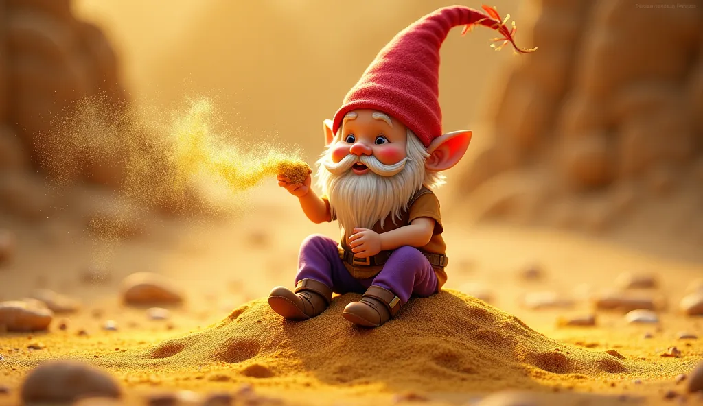 A gnome with a red hat and purple pants sits on a heap of golden sand and blows the sand into the surrounding area