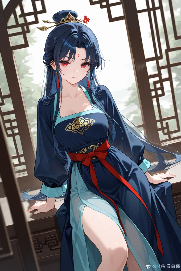 1 girl, dark blue hair, chinese girl hanfu , red eyes