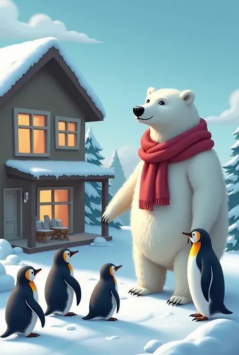 The polar bear real estate consultant who introduces the house to the penguin family should be seriously rich and interested. He should act confidently about selling the house with his confident stance and take a deposit.