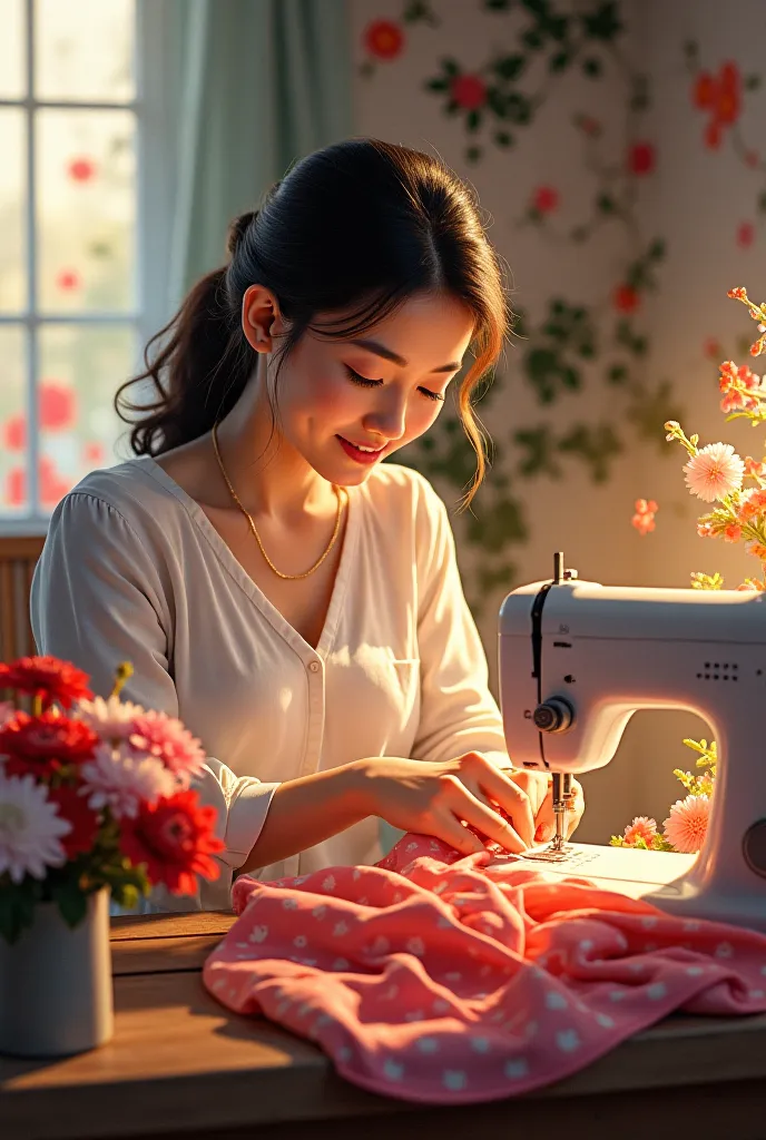 Give flowers to the mother who is sewing clothes for the 8th day/3