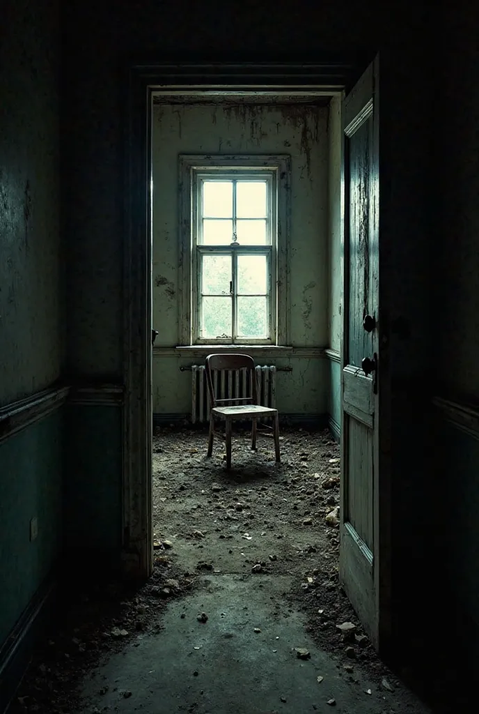 "A dark corridor leads to a room illuminated by a dirty window.  in the center, a rusty solitary chair lies amidst the rubble. The setting seems to have been forgotten by time, evoking a dark post-apocalyptic world."