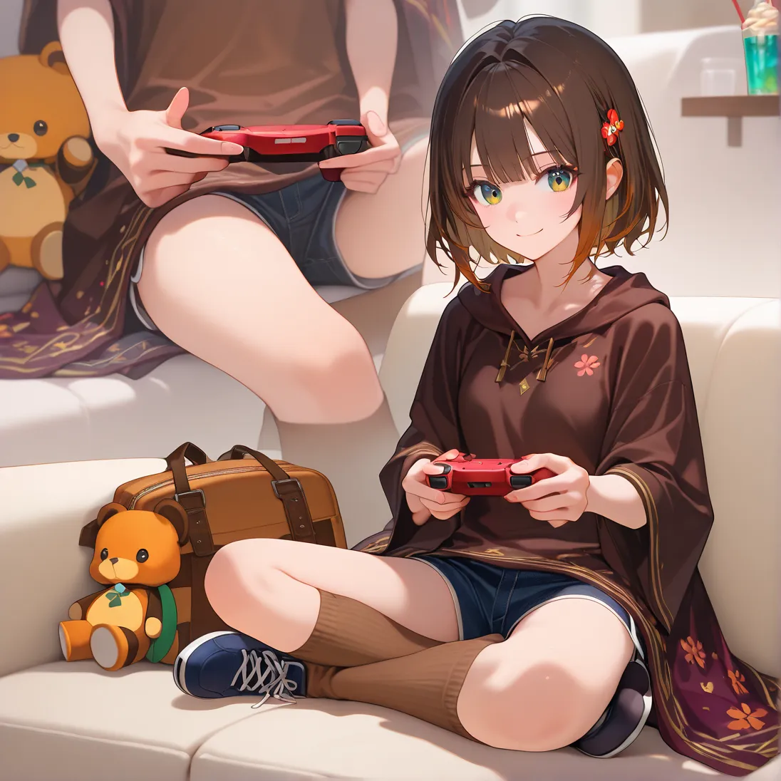 (girl:1.0),posing,(close-up:1.3),playing video gemes,video game controller holding,■body,flat chest,pointy breasts,face ■hair (beautiful thin hair,short hair,dark brown hair:1.0), ■服(white long poncho on shorts,brown long socks,shoes:1.1),sfw,sitting on so...