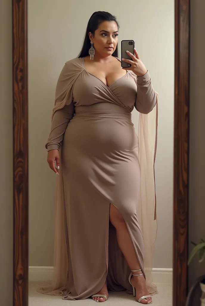 Fair skin 40 year kim Kardashian saggy busty booty slim thick curvy flaunts curves in extremely tight fom fitting full sleeves full muslimah dress. Head covered shoulder draped by long sheer scarf. Extremely long earrings. High heels. Taking mirror selfie ...