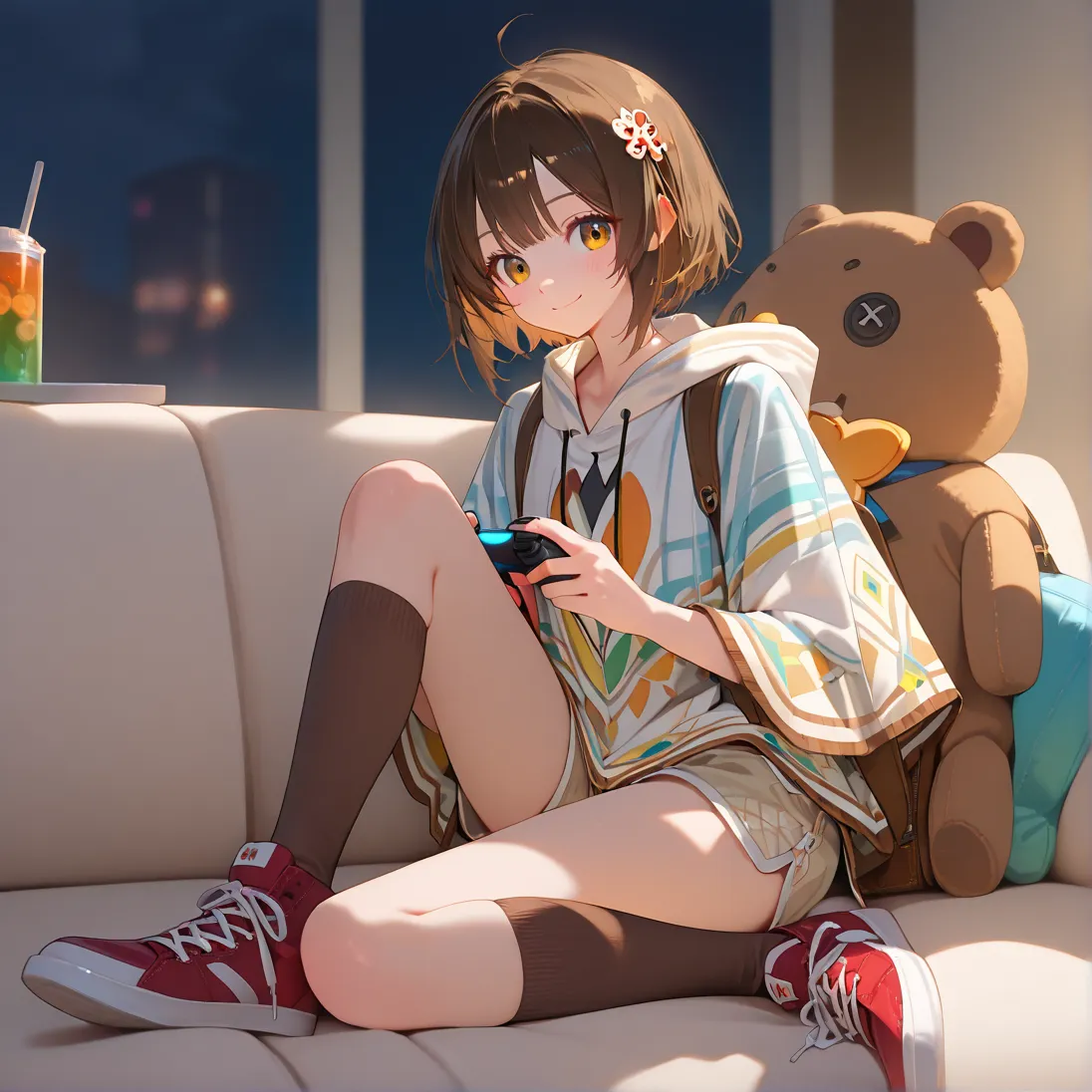 (girl:1.0),posing,(close-up:1.3),playing video gemes,video game controller holding,■body,flat chest,pointy breasts,face ■hair (beautiful thin hair,short hair,dark brown hair:1.0), ■服(white long poncho on shorts,brown long socks,shoes:1.1),sfw,sitting on so...