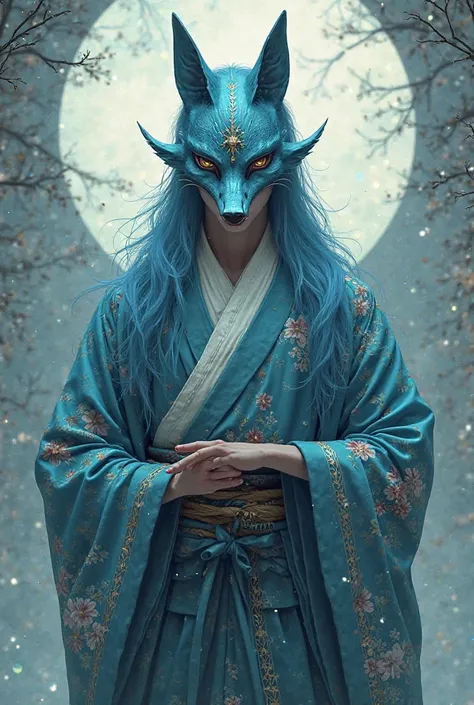 The fox mask looks like a handsome man with long blue hair and different eyes in a kimono 