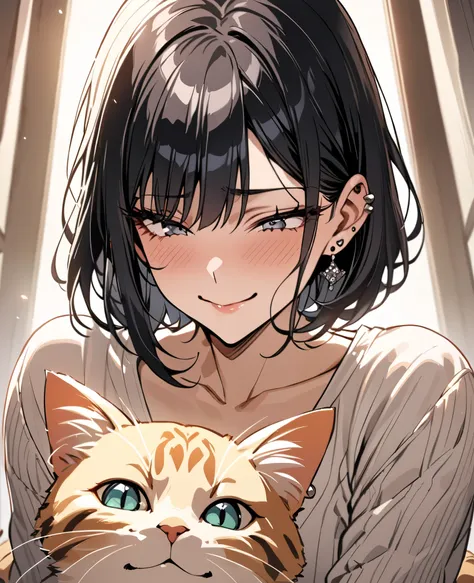 ((masterpiece, best quality)), feminine features, black short hair, bob cut, delicate jawline, soft eyes, long eyelashes, slender build, slightly feminine body shape, gentle expression, fair skin, subtle makeup, ear piercings, casual cloths, ambiguous gend...