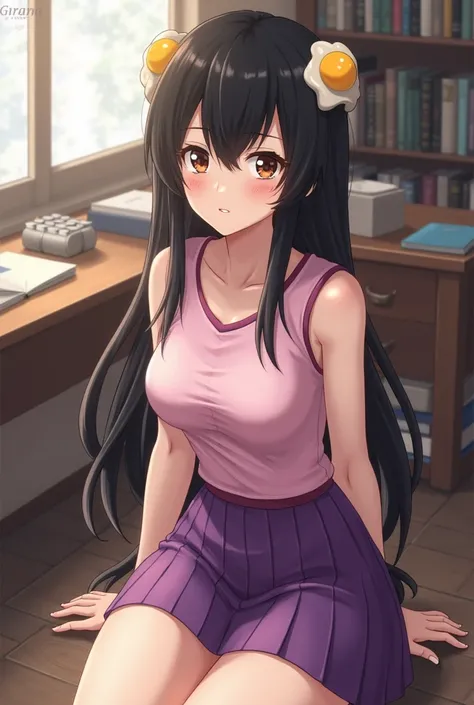 masterpiece, 1girl, medium breasts, solo, araragi karen, hair ornament, egg hair ornament, side ponytail, black hair, food-themed hair ornament, fried egg, looking at viewer, egg (food), long hair, (black eyes:1.1), purple skirt, sleeveless, pink shirt, ho...