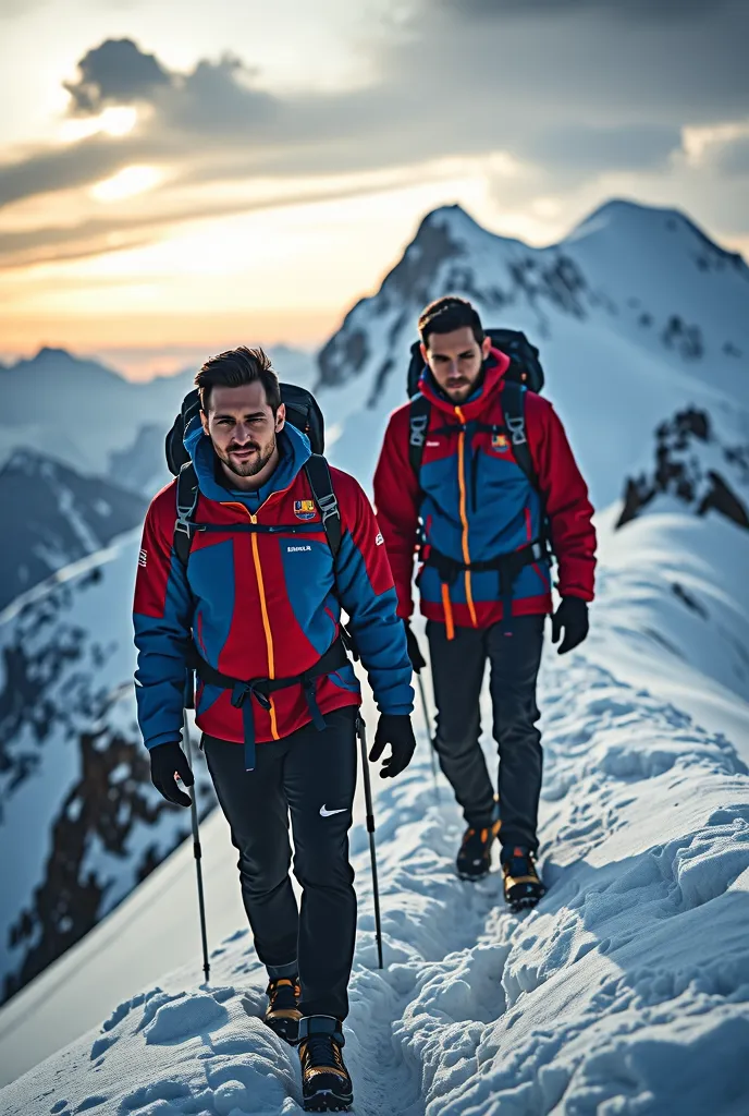 Cristiano Ronaldo and Lionel Messi begin their ascent on a majestic snowy mountain. They wear thick blue and red climbing jackets with their national team logos, black trekking pants, gloves, and large backpacks. Their faces show determination and slight e...