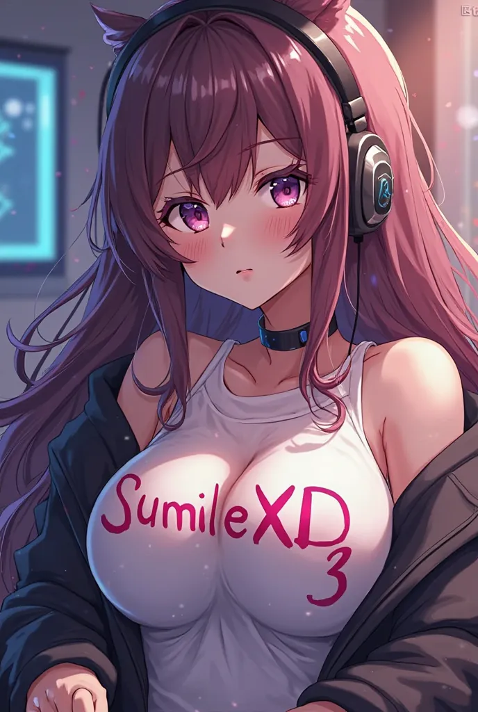 Make a streamer gamer human realastic girl with big breasts where this word is written the word is "SumileXD <3" background is of girl gamer the word SumileXD <3 is written on his breasts by marker/pen show only breasts focus on breasts and the girl is rea...