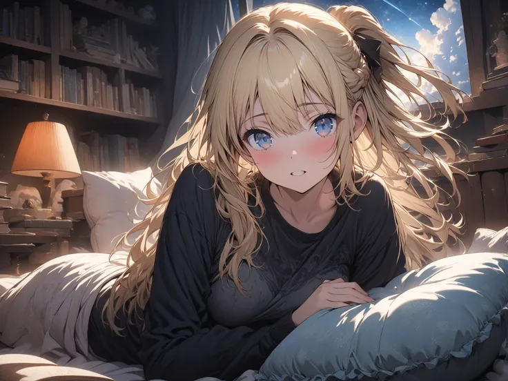 (masterpiece, detailed:1.2), One Girl, Princess, (18-years old), blonde half updo, Medium Breasts, sky blue eyes, BREAK, Highest quality, in her room, cushions, books, at night, view from far