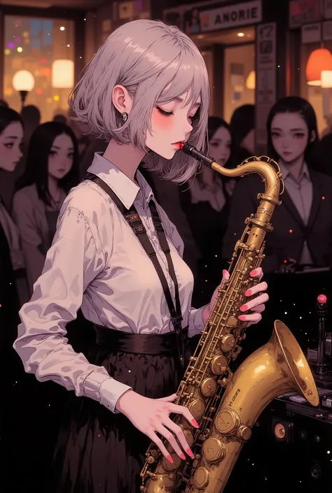 ((She closes her eyes and plays her saxophone nimbly in front of a jazz bar audience.)), ((five fingers)), Anatomically correct, quality, High Definition model, high detail, (((The textures are soft))), ((matte and toy-like with a handmade premium look)), ...