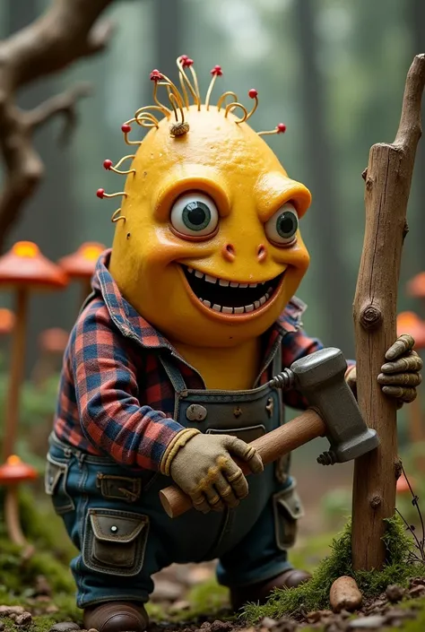 The creepy yet adorable anthropomorphic potato works outside in a magical forest village. The potato has a small 3-head tall figure with oversized features, including large hands and a big smile, making it look both unsettling and cute. The potato is fixin...