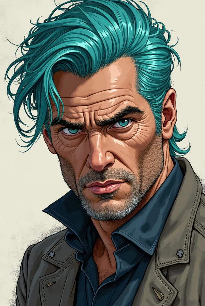 Illustration of a male character in his early 40s with blue-green hair