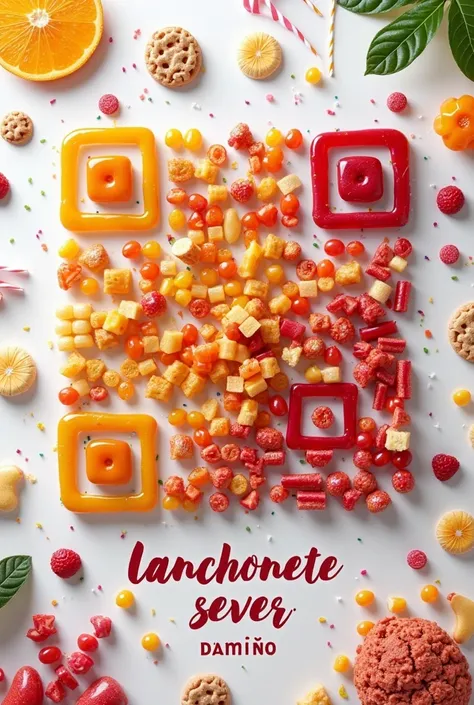 Create a Pix QR code image using juice cups and sweet snacks and leave a space for the QR code and write LANCHONETE SEVER FESTA DAMIÃO 