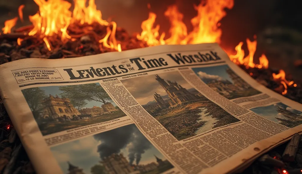 a newspaper with the title of "end of the world"  printed ,Some images of places on fire