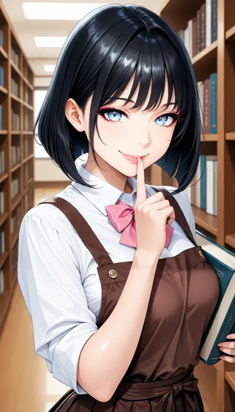 sexy women, Fashion Model Body Type, black hair, inverted bob , light blue eyes, (smile, close your mouth, Stand up your finger and place it in front of your mouth), Librarian, shirt, pink bow tie, pleated skirt, Brown Apron, beautiful eyes, beautiful l...