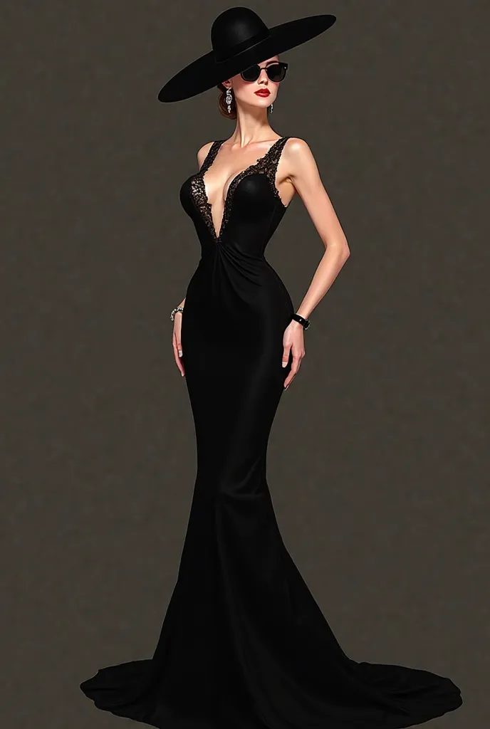 Make a unique gown that has an elegance and style color black and she have shades and black hat on it 